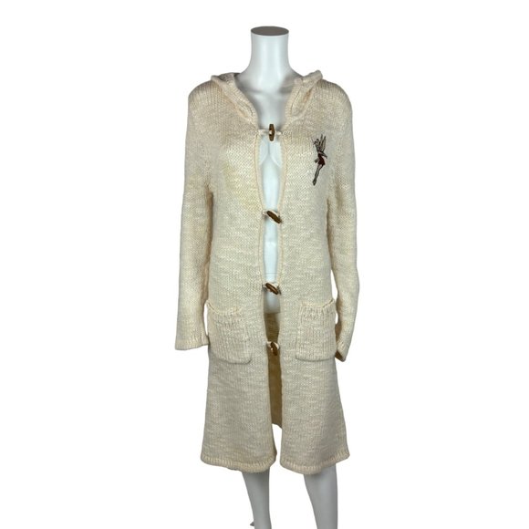 Disney Tinker Bell Duster Sweater Jacket Women's Cream Wool Blend Hooded Wood To - Picture 2 of 10